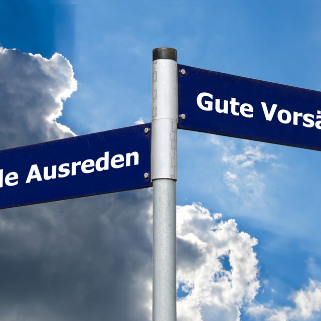 Neujahrsvorsätze / 2 Straßenschilder mit der Beschriftung: Faule Ausreden oder gute Vorsätze?