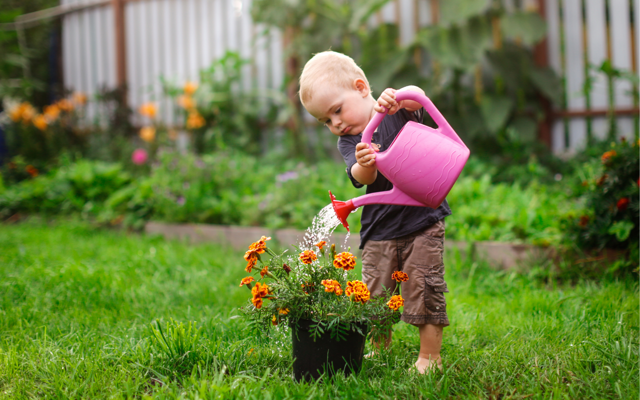 Gartenarbeit im Frühling: kleiner Junge mit Gießkanne
