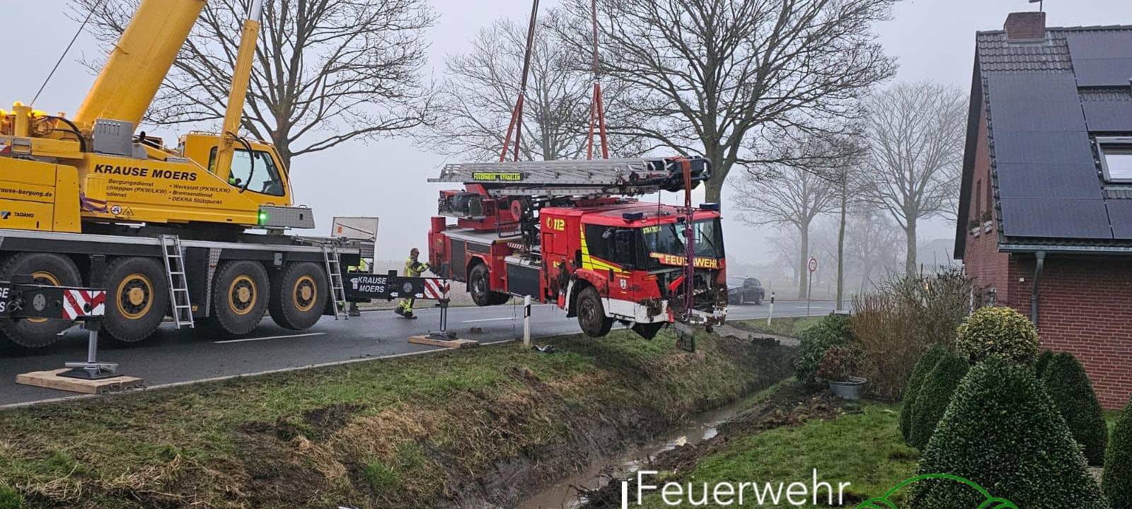 Straelen: Teleskopgelenkmastwagen landet im Graben