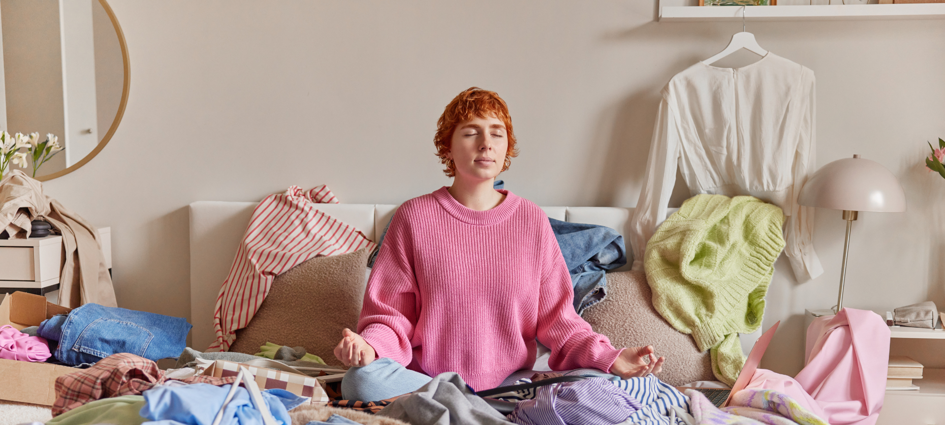 Frau sitz auf Bett voller Kleidung / Kleiderschrank aussortieren